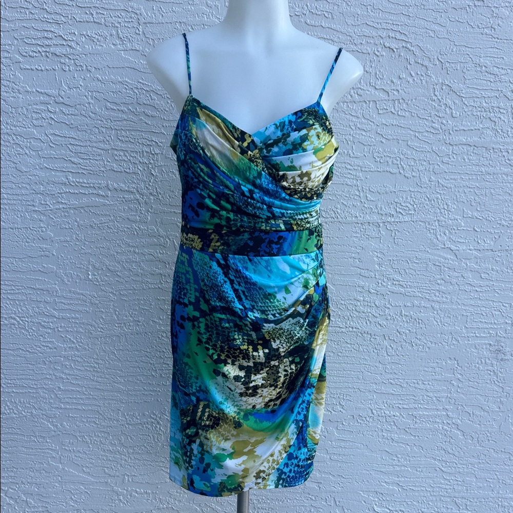 Bisou Bisou Blue Green Print Spaghetti-Strap Mini Dress